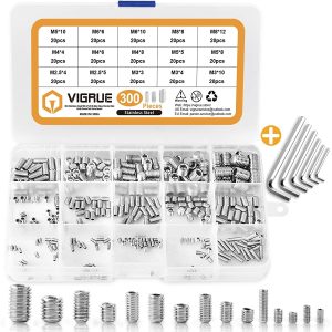 VIGRUE 300Pcs Hex Allen Head Socket Grub Screw Kit,304 Stainless Steel Size(M2.5/M3/M4/M5/M6/M8)