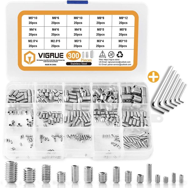 VIGRUE 300Pcs Hex Allen Head Socket Grub Screw Kit,304 Stainless Steel Size(M2.5/M3/M4/M5/M6/M8)