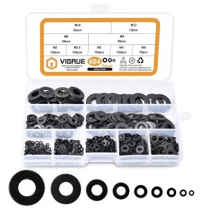 VIGRUE 684Pcs Assorted Flat Washers Set, Size(M2 M2.5 M3 M4 M5 M6 M8 M10 M12 Black)