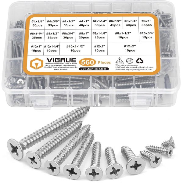 VIGRUE 560Pcs Stainless Steel Wood Screws Set,#4#6#8#10#12Self Tapping Kit(Length 1/4" to 2")
