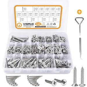 VIGRUE 640Pcs M3/M4/M5/M6 Phillips Drive Wood Screw Kit, 304 Stainless Steel Self Tapping Screws Set (Round Head and Flat Head)