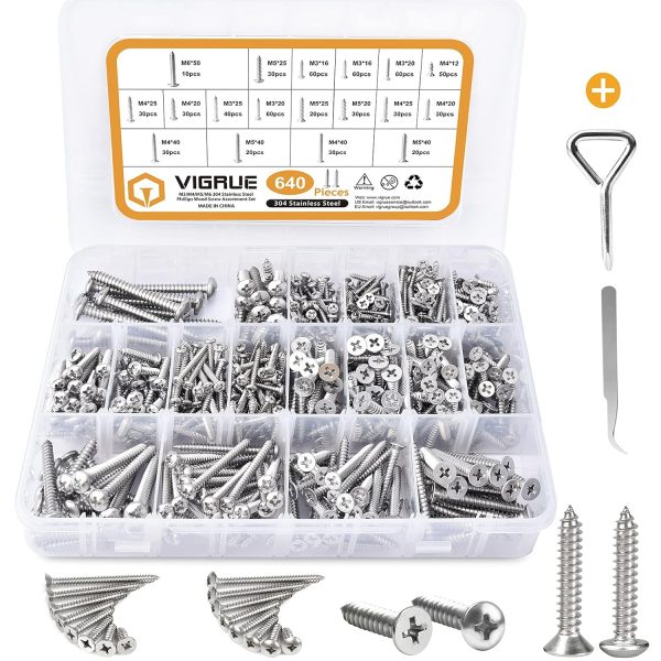 VIGRUE 640Pcs M3/M4/M5/M6 Phillips Drive Wood Screw Kit, 304 Stainless Steel Self Tapping Screws Set (Round Head and Flat Head)