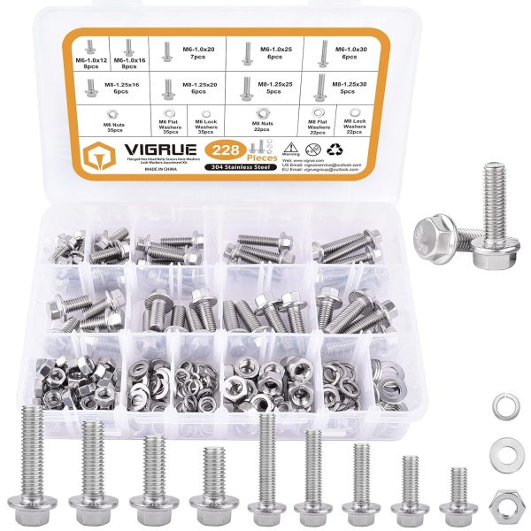 VIGRUE 228PCS M6 M8 Flanged Hex Bolts And Screws Sets,metric flanged hex bolts Full thread