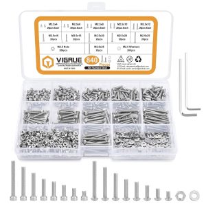 VIGRUE 840Pcs Cylindrical Hexagon Socket Head Cap Screws Kit, Size( M2.5 x 4/6/8/10/12/16/20/25mm )