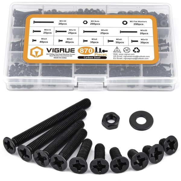 VIRGUE 870Pcs Flat Head Phillips Machine Screws