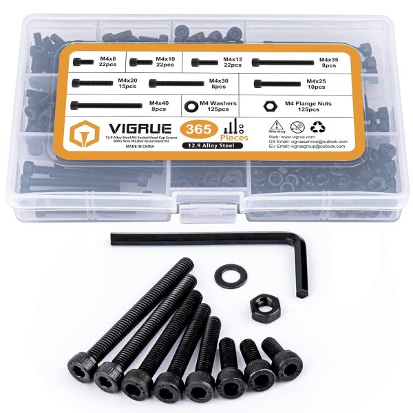 VIGRUE 365Pcs M4 Socket Head Cap Screws 12.9 Alloy Steel,M4 x 8/10/12/20/25/30/35/40mm