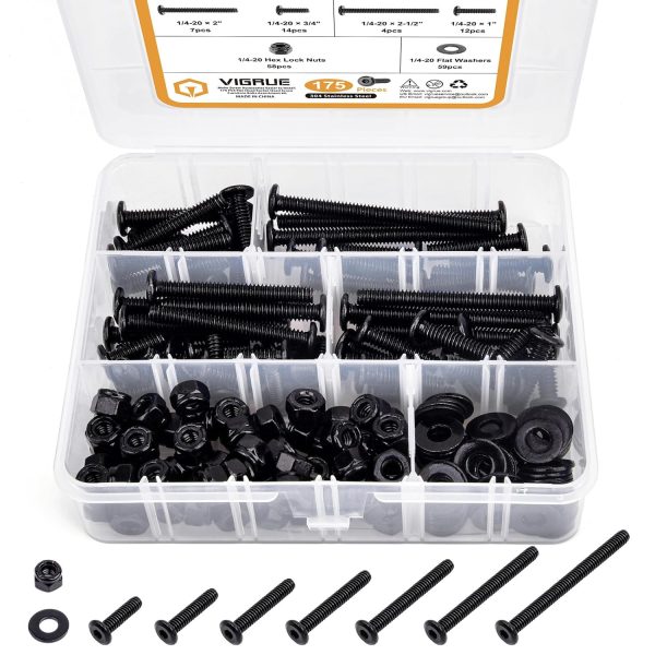 Vigrue 175Pcs 1/4-20 Flat Socket Head Screw Furniture Bolts Countersunk Screws Lock Nuts Kit