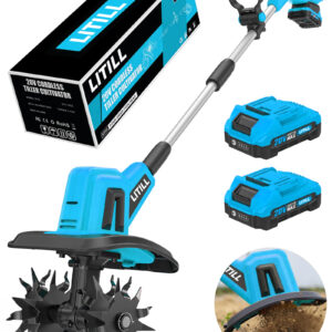 LITILL 20V Cordless Tiller Cultivator, 360RPM Electric Garden Tiller, with 2 * 2.0Ah Batteries & Charger